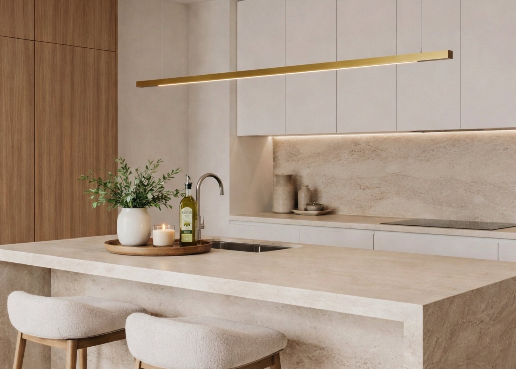 Modern kitchen with a light wood island, stools, and decorative items.