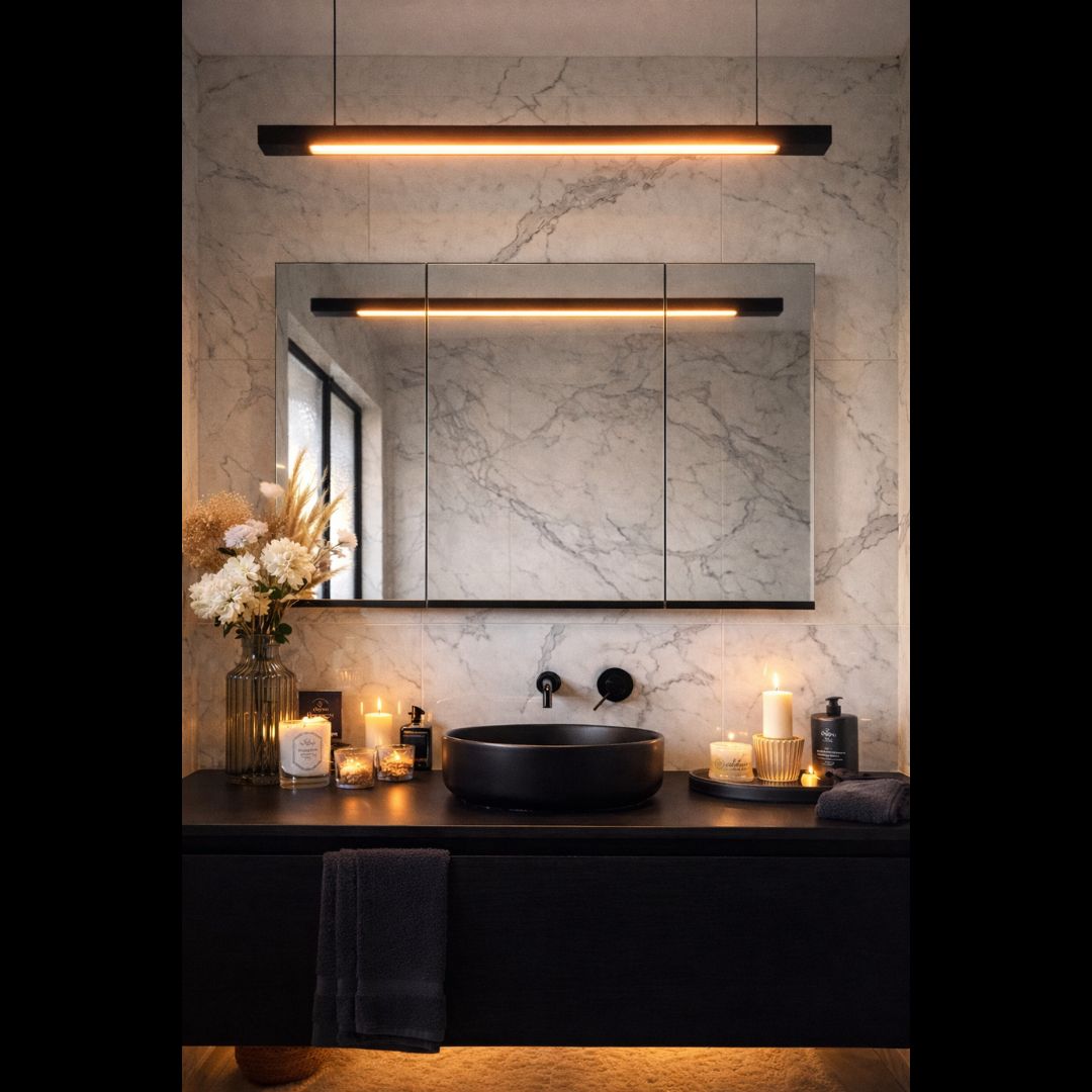 Modern bathroom vanity with marble wall, mirror, and black linear light.
