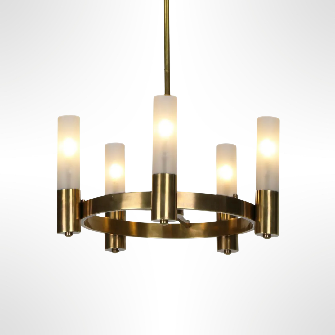 Brass chandelier with glass shades on a white background