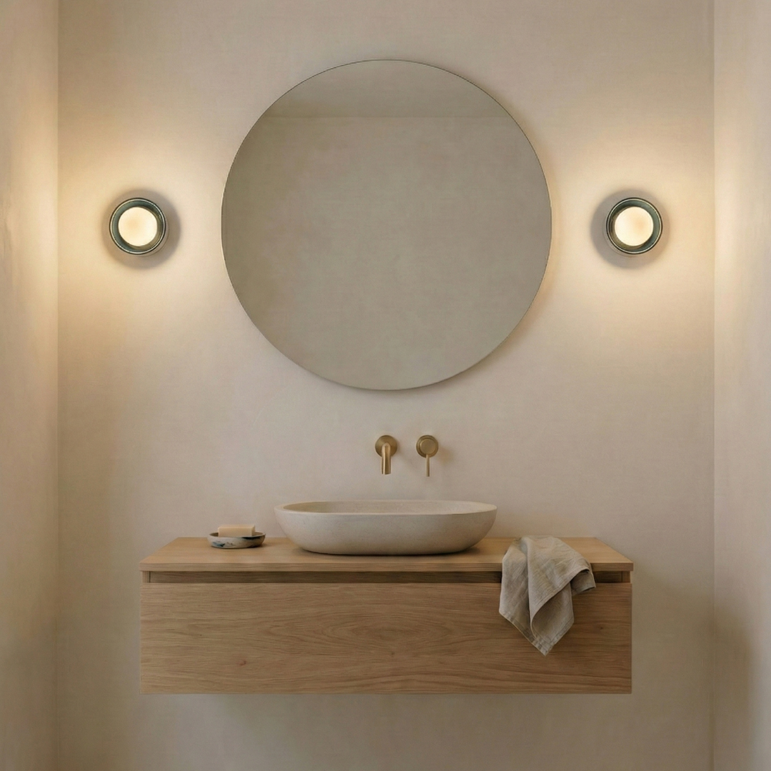 Modern bathroom with round mirror, wooden vanity, and wall lights.