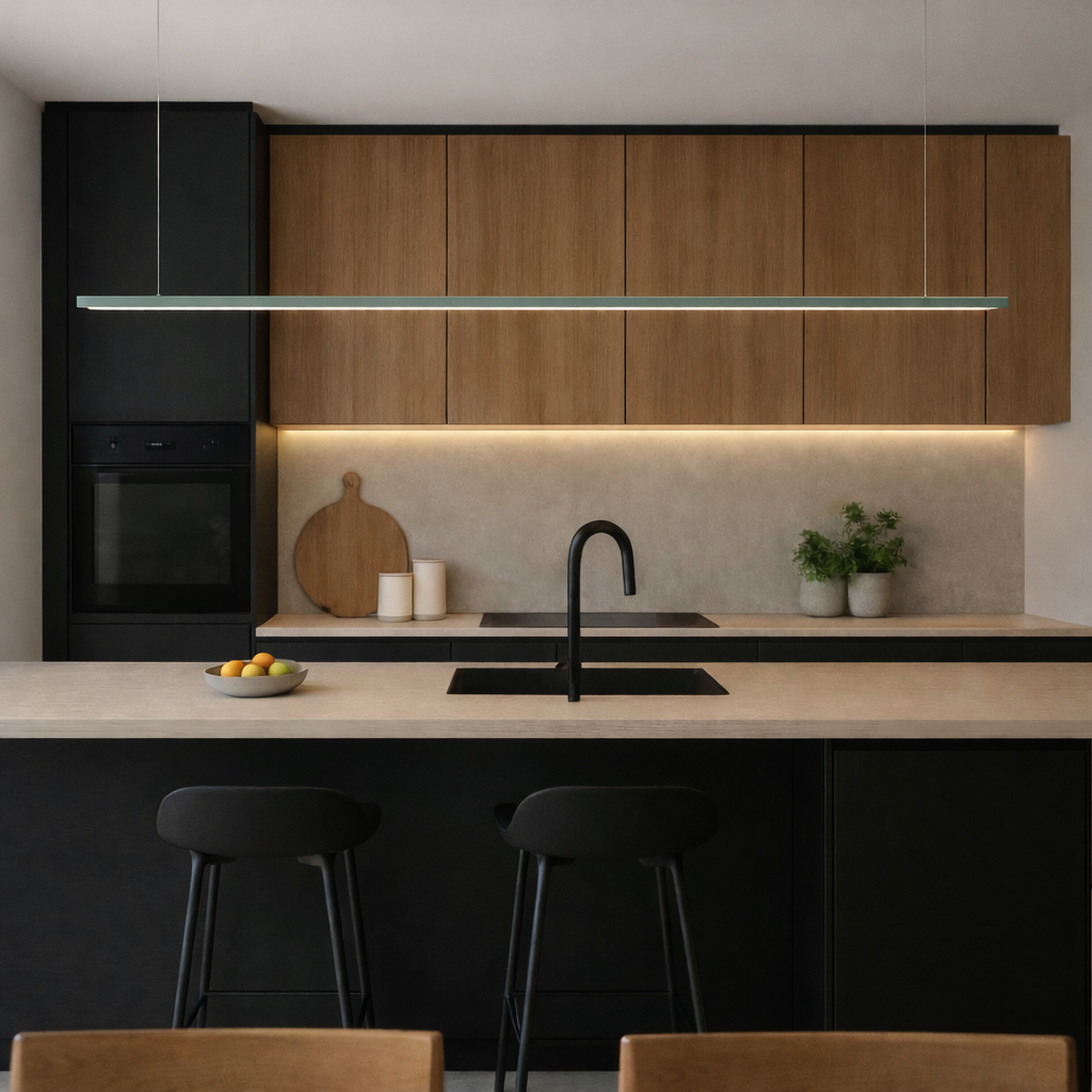 Modern kitchen with sage linear light, wooden cabinets, black appliances, and a light-colored countertop.