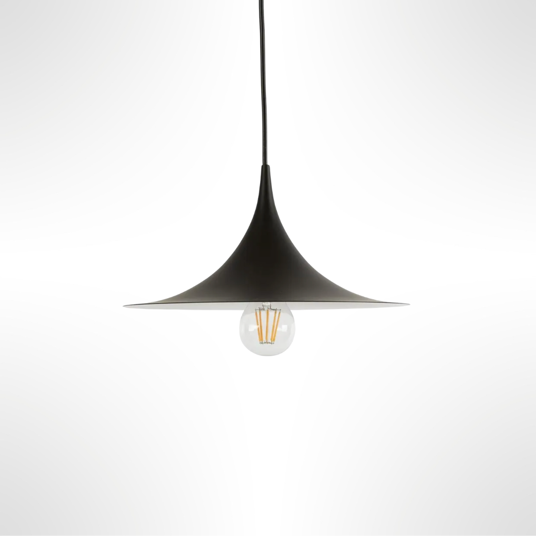 Black Sophia pendant light with a visible bulb on a white background