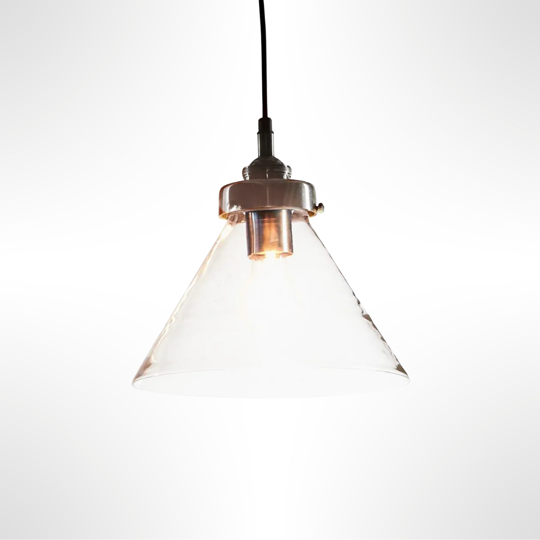 Pendant light with glass shade and silver metallic fixture on a white background