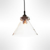Pendant light with glass shade and silver metallic fixture on a white background