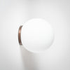 The image shows a minimalistic design wall/ceiling mount light with a round opal glass shade. There are multiple mounts visible on the wall, and the light fixtures appear in different finishes such as dark bronze, light bronze, and white.