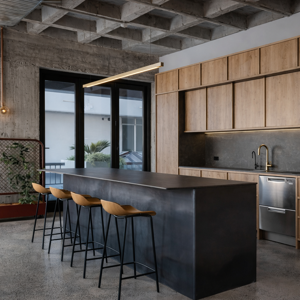 Modern kitchen with slim brass linear light, wooden cabinets, black island, and stools.