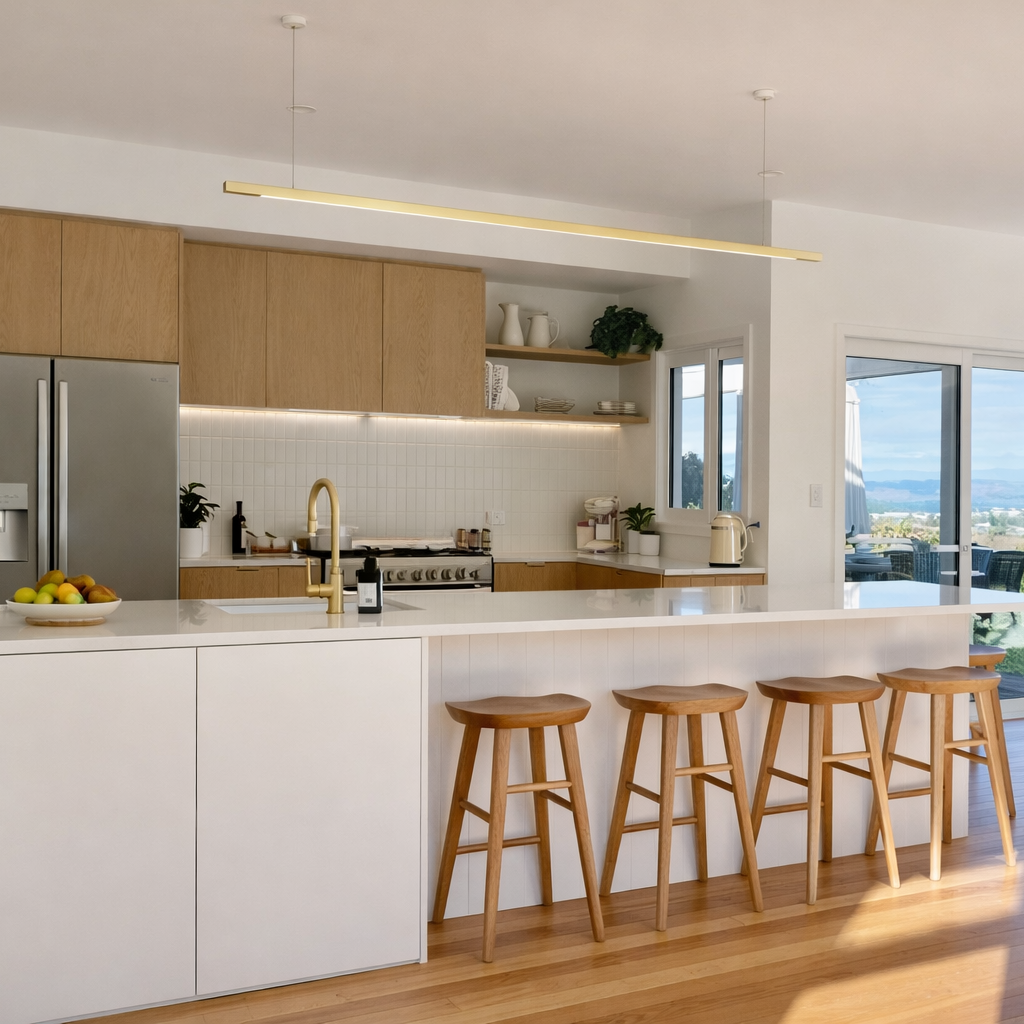 Modern kitchen with brass linear light, white island, wooden stools, and a view of the ocean.
