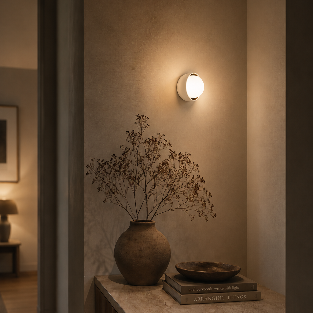 Wall-mounted light fixture casting a warm glow on a vase with dried flowers and books on a shelf.