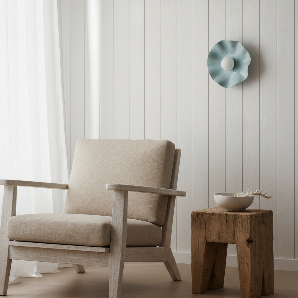 Beige armchair in a room with a wooden side table and Koralli ceramic wall light.