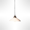 Pendant light with white shade and bronze fixture on a white background