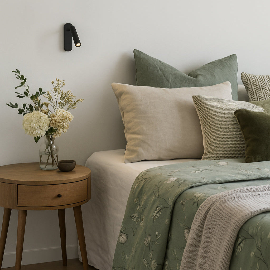 Bedroom with a bed featuring green and beige bedding, a wooden side table with flowers, and a white wall with a black wall light.
