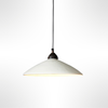 Pendant light with white shade and bronze fixture on a white background