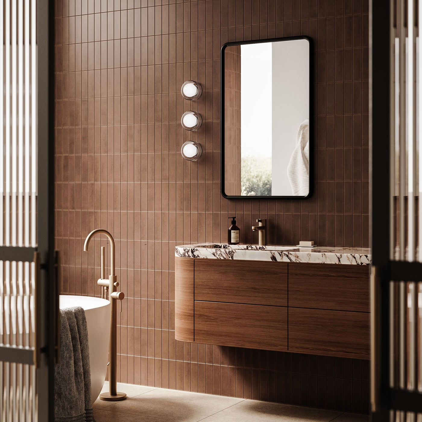 Modern bathroom with wooden vanity, mirror, and bathtub.