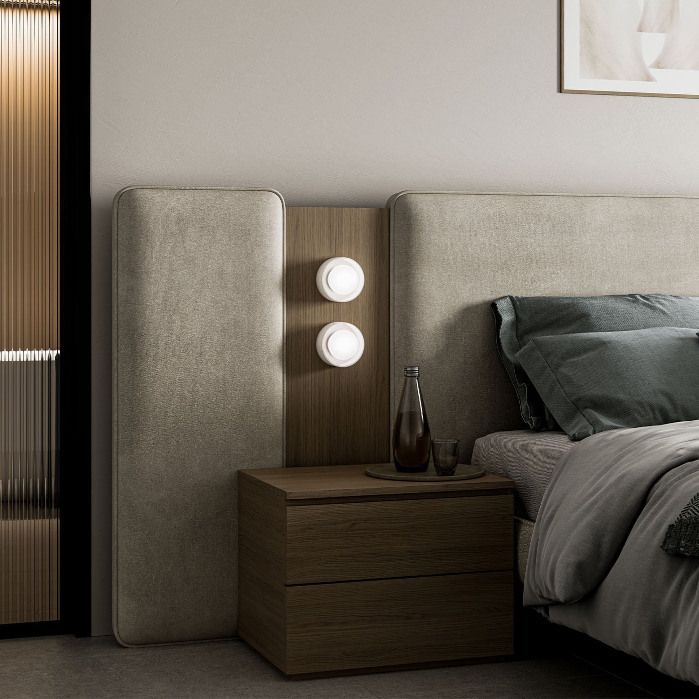 Modern bedroom with a bed, nightstand, and wall-mounted lights.