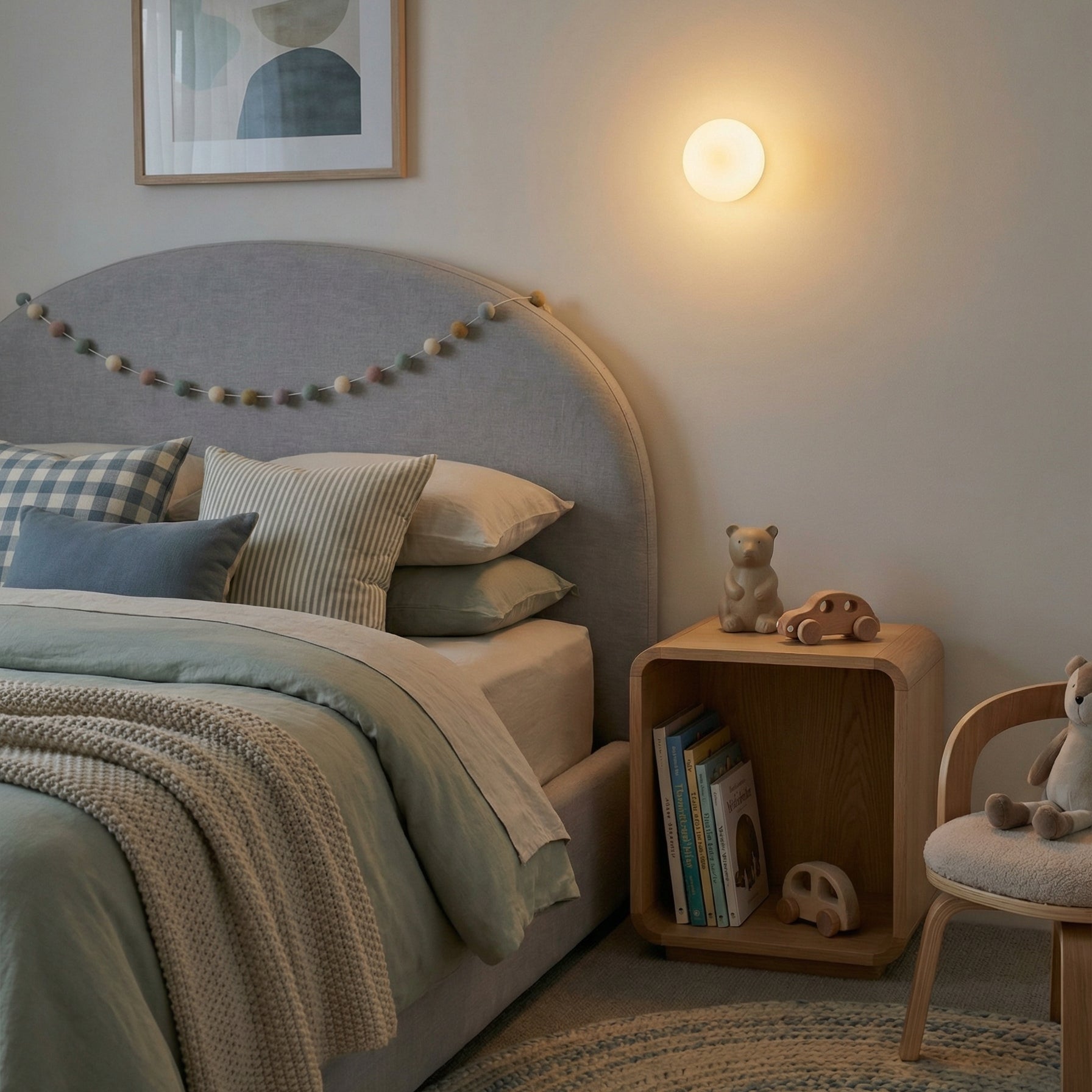 Children's bedroom with a bed, nightlight, and small wooden shelf.
