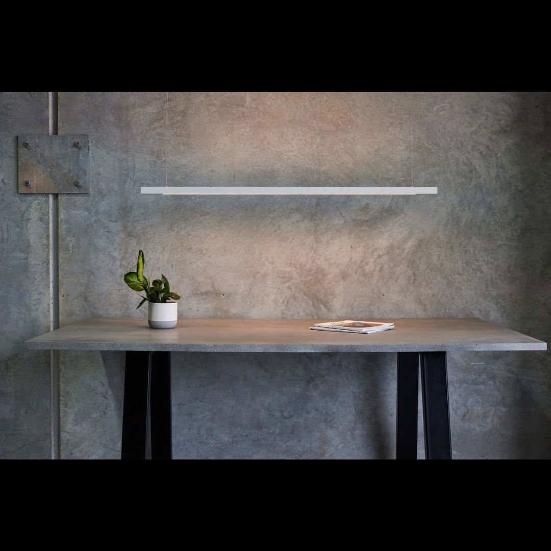 Minimalist desk setup with a plant and magazine against a textured wall.