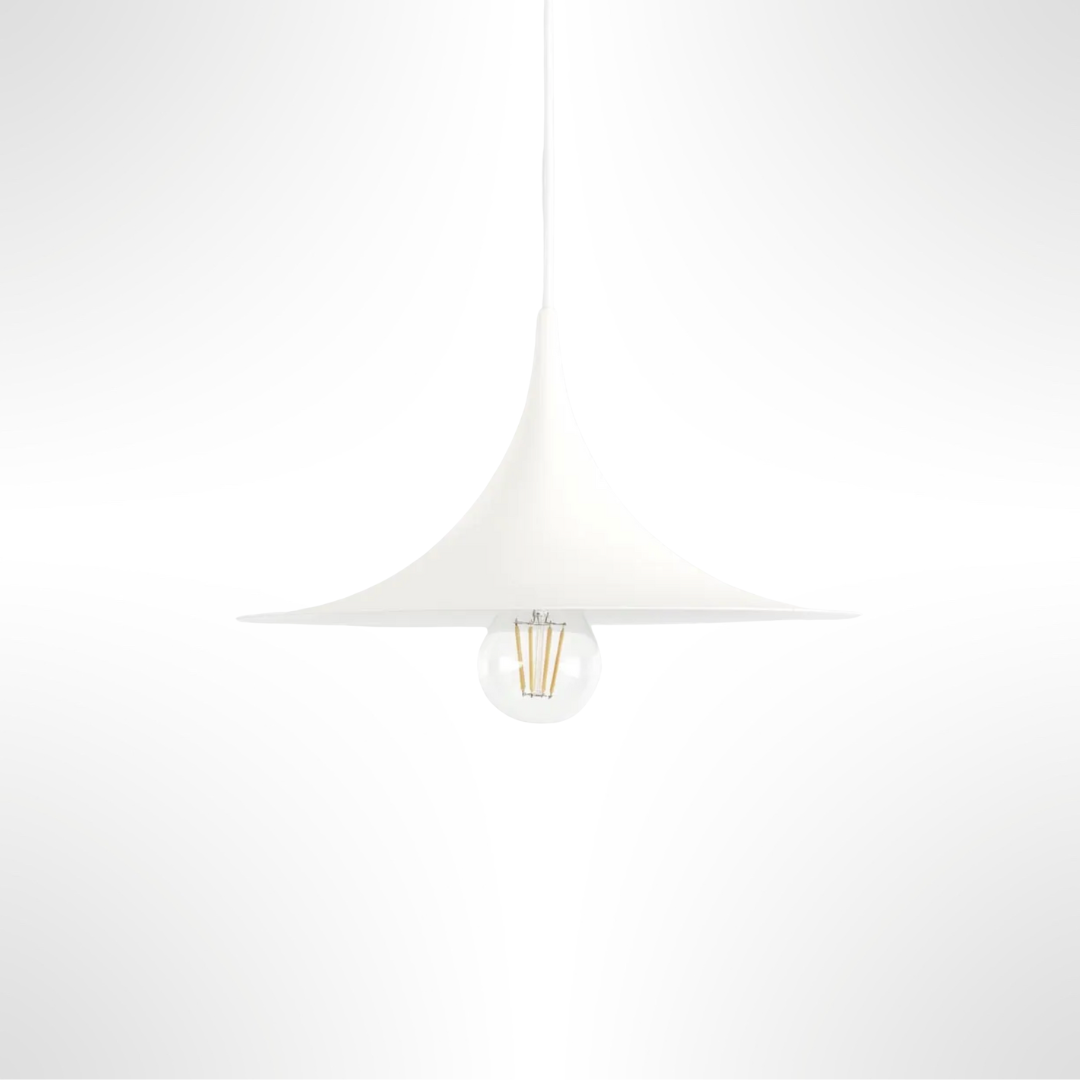 White sophia small pendant light with a clear bulb on a white background